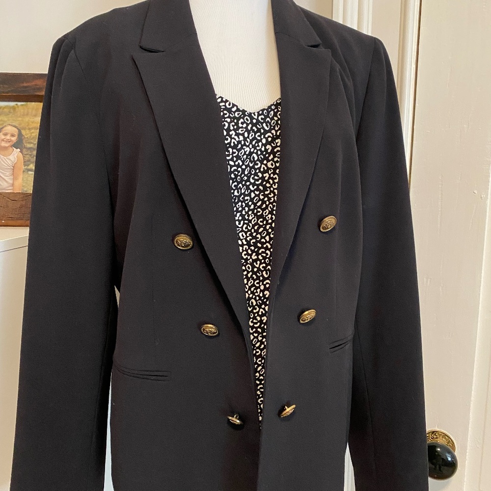 Nine West Double Breasted Open Blazer Jacket, Gold Buttons, Black- Size L